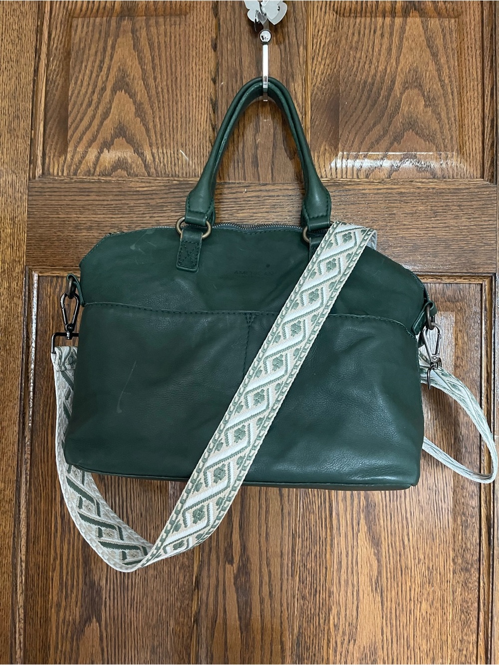 American leather Dark Green Leather Satchel with Patterned Strap
